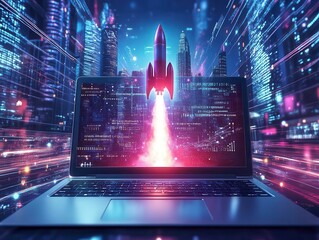sleek laptop with holographic screen displaying soaring rocket, streams of binary code, and glowing network connections against futuristic cityscape backdrop
