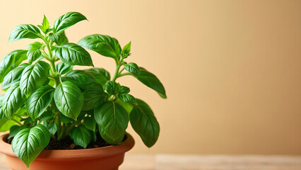 Lush basil plant in a terracotta pot with a fresh, vibrant feel against a soft beige background.