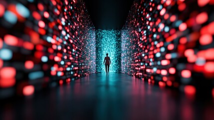 Wall Mural - a person standing in a futuristic data center, surrounded by glowing screens displaying information,