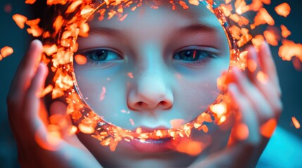 Sticker - A child holding a kaleidoscope, gazing at the intricate patterns reflected in the mirror. The kaleidoscope colors create a vibrant, abstract background.