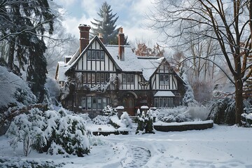 A traditional log cabin with a snow-covered roof, a stone fireplace, and a path leading through the snow