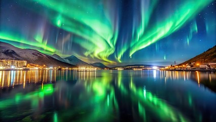 green northern lights over tromso harbour reflected symmetrically in water
