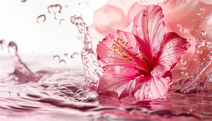 Close up of a pink flower with water droplets on it. The water droplets create a sense of movement and life, while the pink flower adds a touch of elegance and beauty