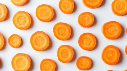 Wall Mural - A flat lay of sliced carrots on a white background.