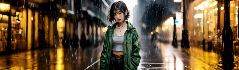 A short-haired Asian woman walks down a rain-soaked, desolate street. She is wearing a khaki jacket, a gray T-shirt, and black pants.