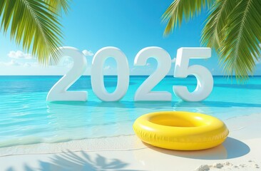 christmas and happy new year 2025. Summer holiday 2025. sandy beach, green palm leaf and sun lights, sea