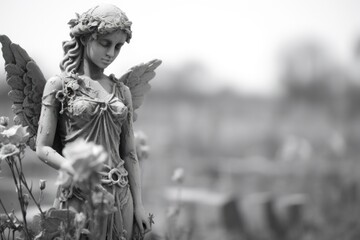 Wall Mural - Old graveyard flower portrait angel.