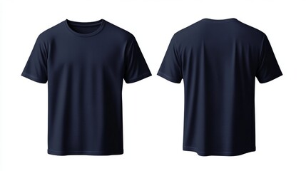 Dark blue t-shirt template, minimalist mockup for printing and design; front and back views displayed on white background.