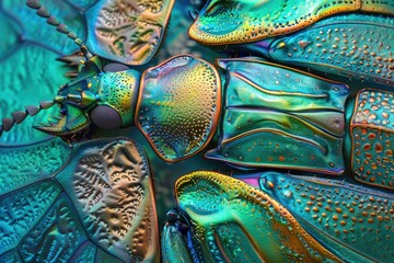 Abstract beetle wings pattern in green and blue iridescence.