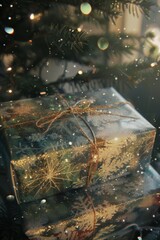 A Christmas tree with a box on top of it. The box is wrapped in gold and silver and has a bow on it. The snow on the tree and the box creates a festive and joyful atmosphere