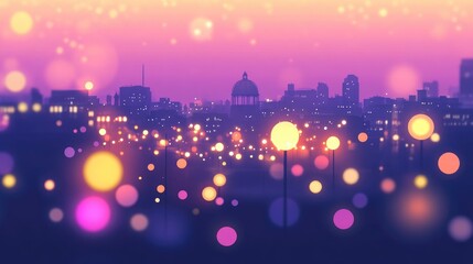 Sticker - Abstract Night Lights Bokeh Background Colorful Art Filter Scenery Cityscape Plaza With Dome Traffic Lights In Gold Purple Pink Vintage Blur Backdrop Wallpaper Design Soft Tone