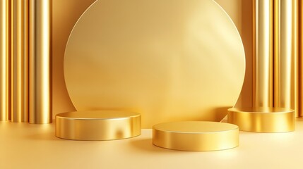 Collection of gold geometric pedestals with minimal circular backdrop and pillars in an abstract studio setting Clean scene for showcasing cosmetic products and promotions 3D rendering