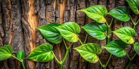 Liana scindapsus leaves on textured tree bark background, asymmetrical composition