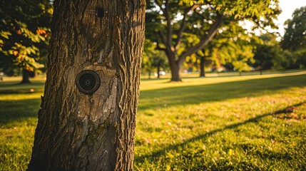 close-up of tree trunk with electric charging socket mounted garden park