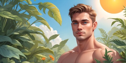 A man stands confidently among lush green foliage under a bright sun, showcasing strength and vitality in a vibrant outdoor setting.