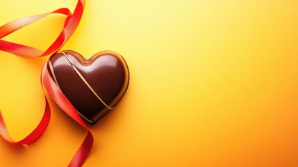 Poster - chocolate heart wrapped in ribbon on bright background