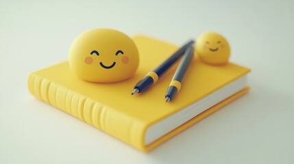 Wall Mural - Yellow Notebook with Smiley Face and Pens