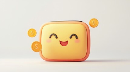 Wall Mural - 3D Smiling Square Character Receiving Golden Dollar Coins