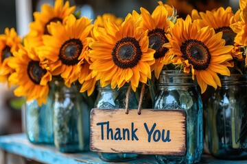 Sunflowers in mason jars with 'Thank You' sign in bright outdoor display