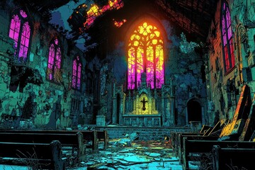 Wall Mural - A Gothic Church Interior in Ruins with Stained Glass Windows