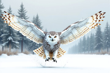 snowy owl taking flight from snow covered ground