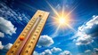 © PomPam - A close-up of a thermometer against a bright blue sky, showing a scorching high temperature, evoking feelings of sweltering heat on a sun-drenched summer day.