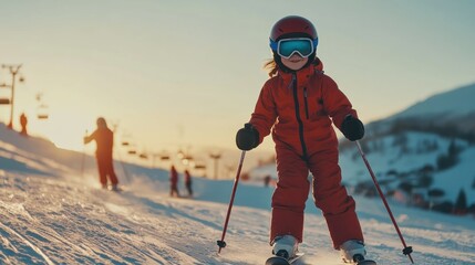 A young girl in a red ski suit is skiing down a snowy slope at sunset.