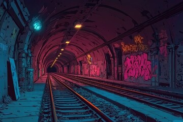 Wall Mural - A view of graffiti-covered train tracks leading into a dark tunnel.