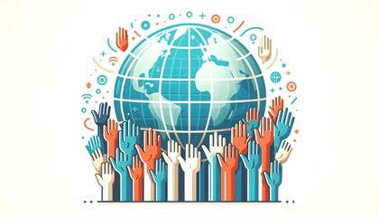 Wall Mural - Flat Isolated Globe with Raised Hands Symbolizing Global Unity for Human Rights Day - Vector Design Illustrating Peace, Equality, and Diversity Suitable for Infographic Use.