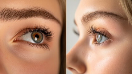 Before-and-after images of a client showcasing the transformation with classic eyelash extensions, emphasizing the difference in volume and length.