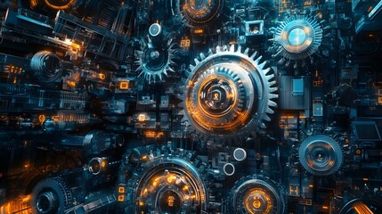 An intricate web of IoT devices, from smart homes to industrial machines, all communicating effortlessly across platforms, gears and circuits interlocking seamlessly, various protocols and technologie