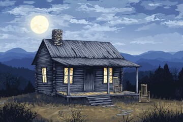 Wall Mural - A Log Cabin Under a Full Moon in the Mountains