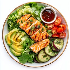 Wall Mural - Healthy grilled salmon on a bed of fresh greens. This colorful dish features ripe tomatoes, cucumber, and avocado. Perfect for a nutritious meal or meal prep. AI