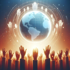 Flat Holographic Globe with Raised Hands in Glowing Background - Symbolizing Global Rights and Human Unity, Simple Vector Illustration with Copy Space