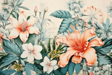 Poster - Vintage drawing of tile pattern flower backgrounds painting.