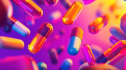 Colorful capsules suspended in a vibrant pink and purple background