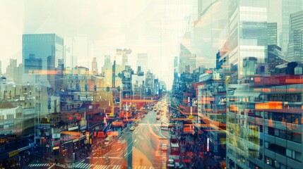 Vibrant Urban Cityscape with Modern Skyscrapers and Busy Streets in a Dynamic Double Exposure Effect