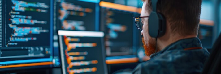 A focused programmer wearing headphones works on multiple computer monitors displaying code in a tech-savvy office environment.
