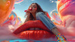 © Sachin - Young woman applying red lipstick while reclining on giant glossy lips, surrounded by colorful bubbles in surreal dreamlike sky, blending beauty and fantasy