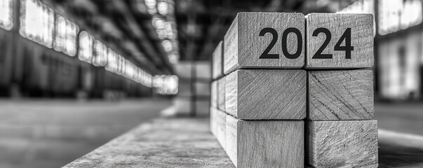 Wall Mural - wooden blocks displaying the year 2024 on a blurred industrial background.