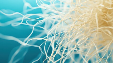 Tangled fibers create an intricate abstract pattern against a soft blue background, AI