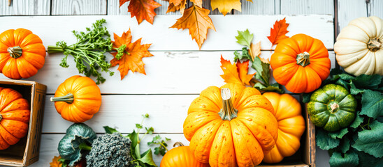 Poster - Pumpkins and Autumn Leaves on White Wooden Background