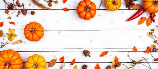 Poster - Autumnal Pumpkin and Fall Leaves Arrangement on White Wood