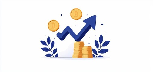 A business growth icon, upward arrow with coins, simple vector design, blue and gold, isolated on white background