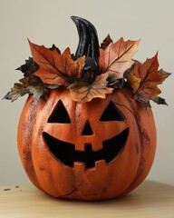 Canvas Print - Halloween Pumpkin with Leaf Bouquet Decoration