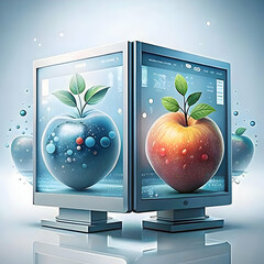 Fruity Financial Technology Showcase: Two Tech-Savvy Fruits Unveiling Innovative Financial Technologies on Interactive Displays with Modern Abstract Bokeh Background for Photo Stock Concept