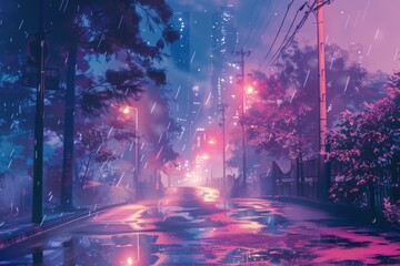 Poster - A city street with a lot of rain and lights. Scene is dark and mysterious