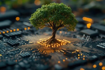 surreal fusion of nature and technology a vibrant tree growing from a glowing circuit board roots intertwine with wires symbolizing harmony between environment and innovation