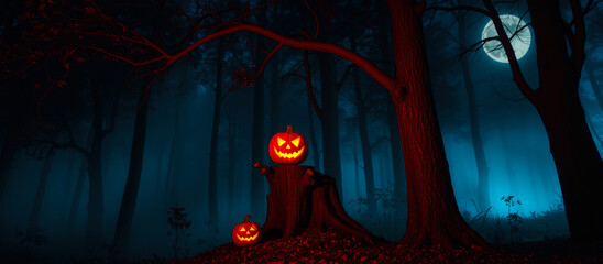 Canvas Print - Jack-o'-Lanterns in a Foggy Forest