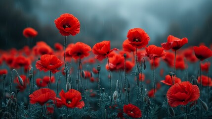 A field of red poppies with a blue sky in the background